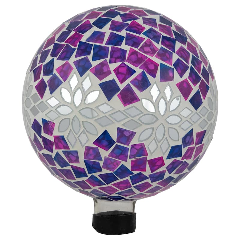 Mosaic Floral Outdoor Garden Gazing Ball - 10" - Purple Pink and Silver