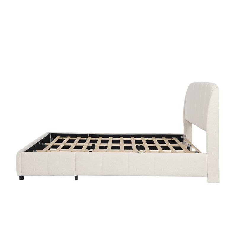 Boucle Fabric Upholstered Bed Frame with Curveshaped Thick Headboard, Soft Fluffy Wingback Bed, Beige Low Profile Platform Bed