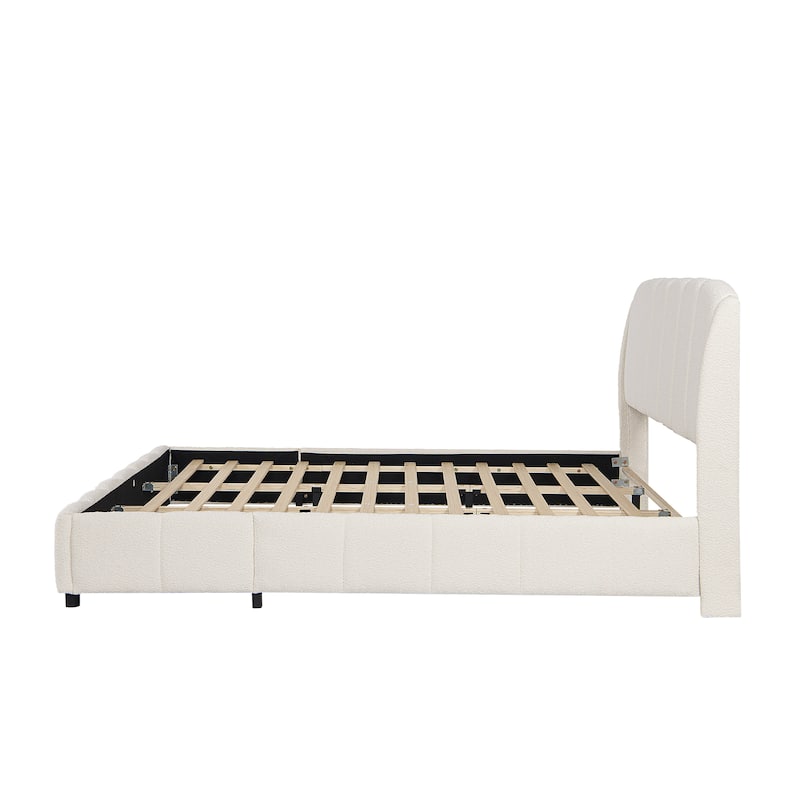 Upholstered Platform Bed w/Curve-Shaped Design Headboard, Soft Boucle Fabric Bed Frame, Wood Slats Support, Easy Assembly, Beige