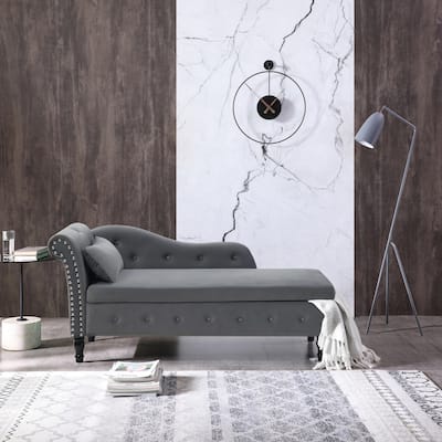 Grey Modern 60" Velvet Upholstered Buttons Tufted Chaise Lounge Chair with Solid Wood Legs and Storage