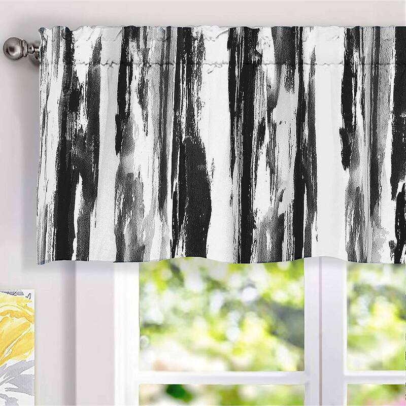 Porch & Den Nova Ink Blue Brush Stroke Pattern Blackout Valance - 52'' width x 18'' length - Black Gray