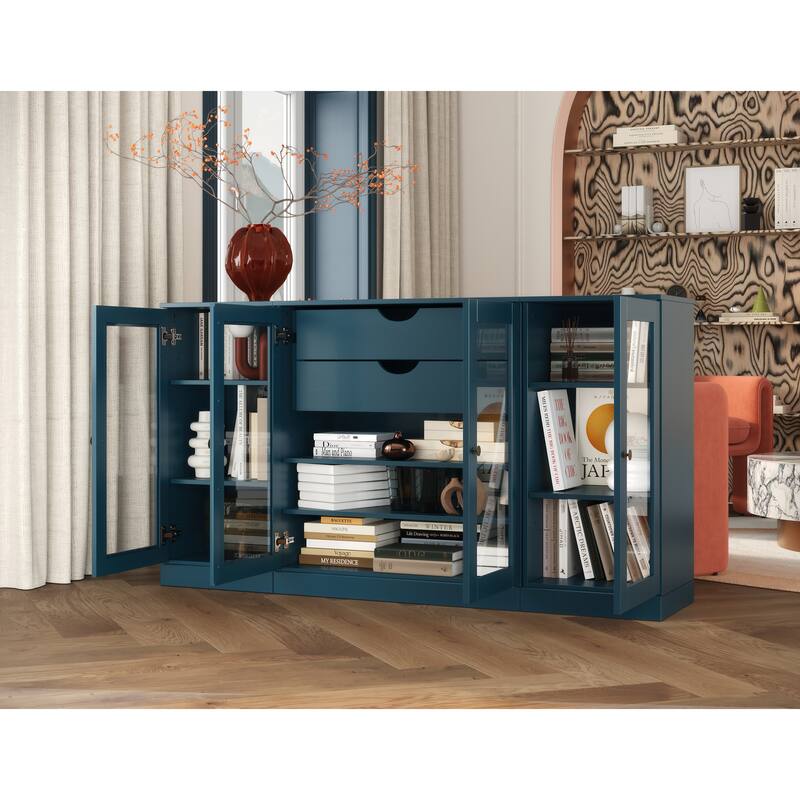 Palace Imports 100% Solid Wood 65" Sideboard with Clear Glass Doors, 2-Drawers and Adjustable Shelves