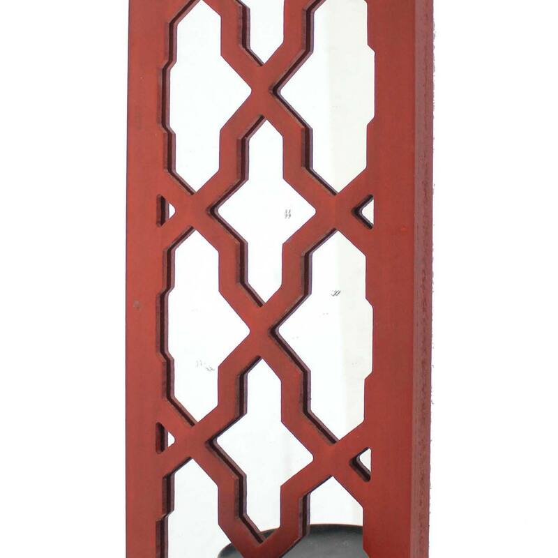 Quatrefoil Pattern Wooden Candle holder Set of 2 with Mirror Insert, Red
