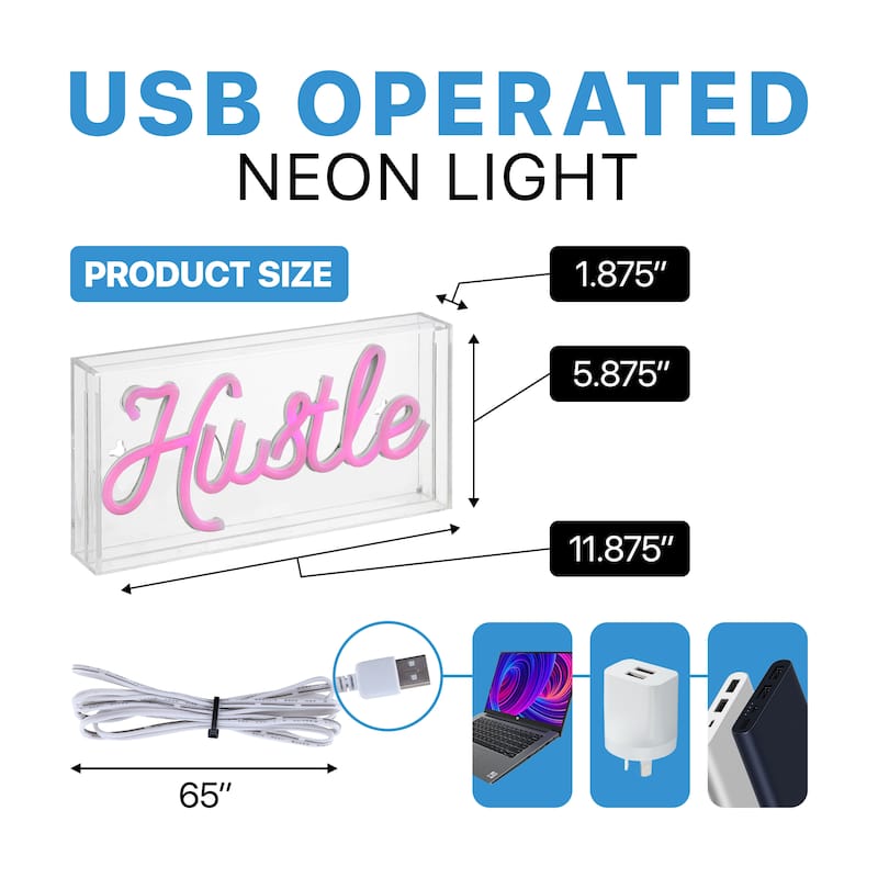 Hustle 11.88" X 5.88" Contemporary Glam Acrylic Box USB Operated LED Neon Light, Pink by JONATHAN Y - 11.88" X 5.88"