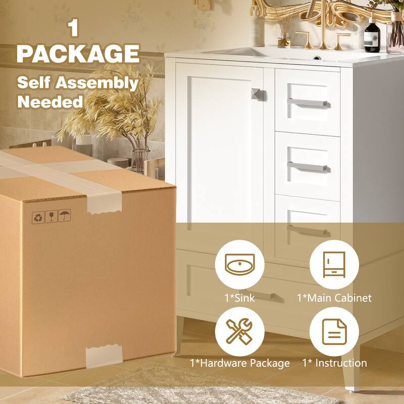 GDFStudio - Yuma Space Saving Minimalist Freestanding Bathroom Vanity Cabinet with Ceramic Sink and Soft Close Storage