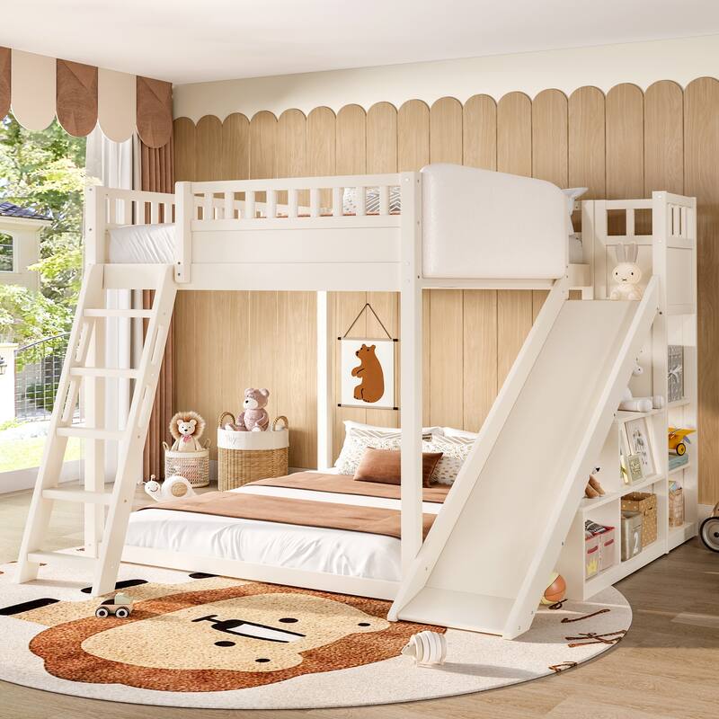Queen/Full Loft Bed with Upholstered Headboard, Storage & Slide