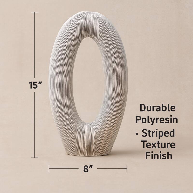 O Shaped Needley White Striped Textured Polyresin Decorative Vase