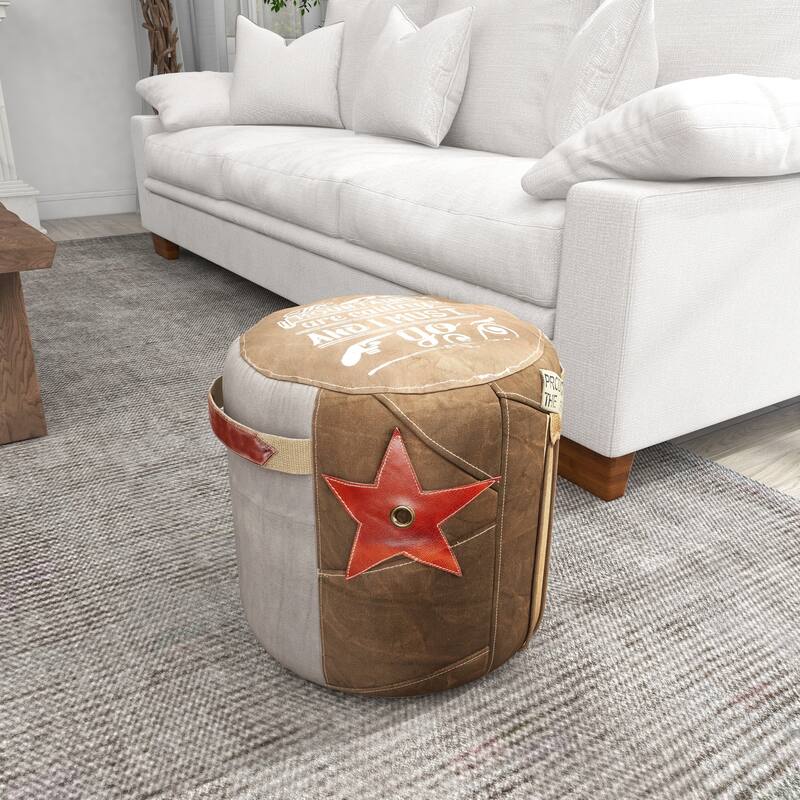 Brown Canvas Pouf with Leather Accents