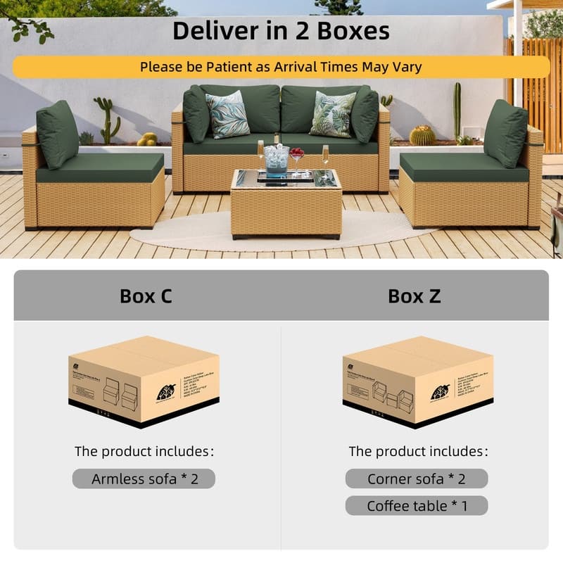 Patio Watcher 5-Pieces Yellow Rattan Conversation Set with Cusions for Outdoors