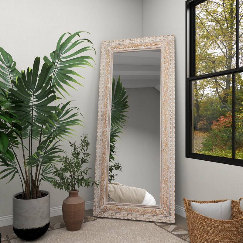 White Mango Wood Vine Scroll Room Wall Mirror with Brown Carved Detail