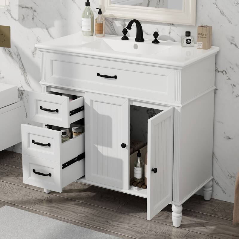 Roomfitters 36" Bathroom Vanity with Integrated Ceramic Sink, Solid Wood Frame and Soft-Close Storage