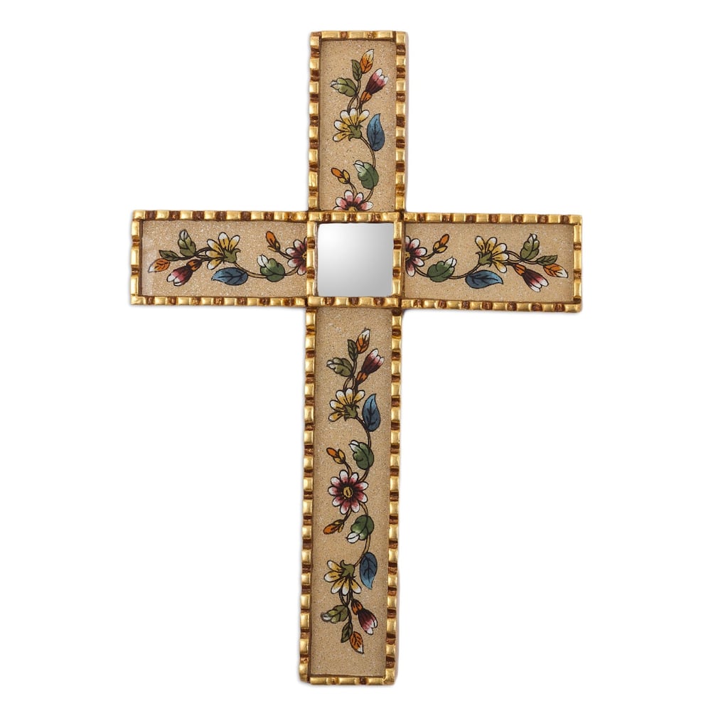 Novica Handmade Flowers Of Faith In Beige Reverse-Painted Glass Wall Cross