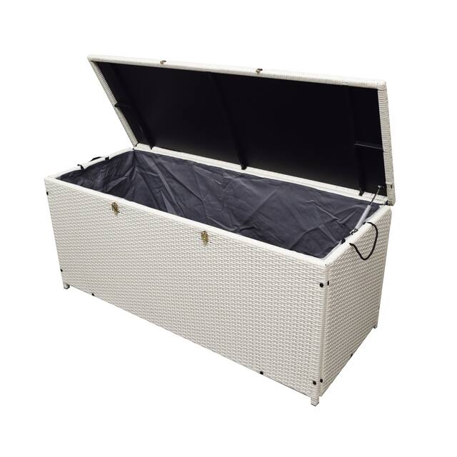 Indoor and Outdoor Balcony Patio Deck Porch Pool 113 Gallon Wicker Storage Box Trunk Bin with Metal Frame - White