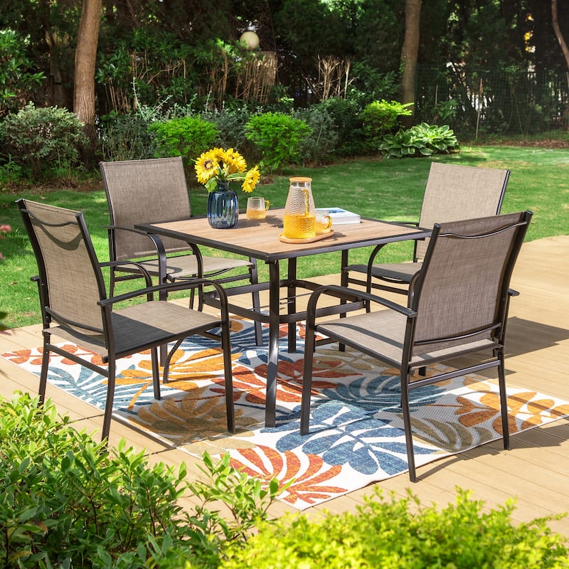MAISON ARTS 5-Piece Outdoor Dining Set Wood-look Square Table & 4 Textilene Dining Chairs