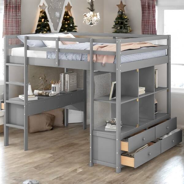 slide 2 of 18, Full Size Multifunctional Loft Bed with Two Drawers, and Storage Shelves and Drawers,Elegant Children Bed Gray