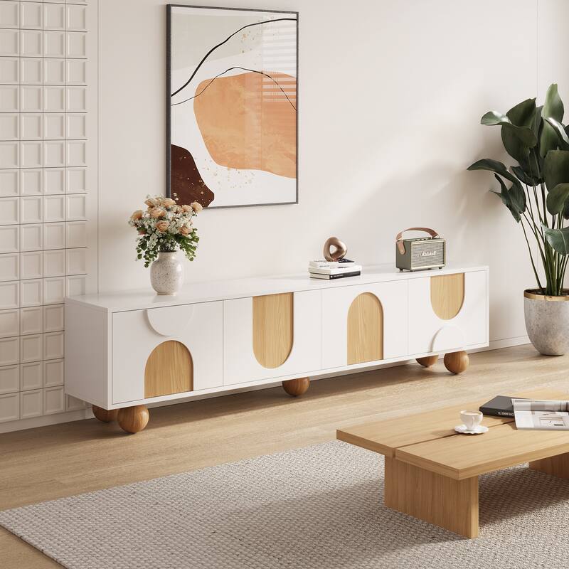 78.74'' Modern White Wood TV Stands with Storages, Mid Century Media Console for Livingroom, Cream White & Natural Wood - 78.74"