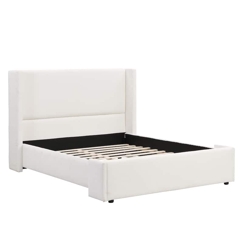 Queen / King Elegant White Fabric Upholstered Bed with Tall Wingback Headboard