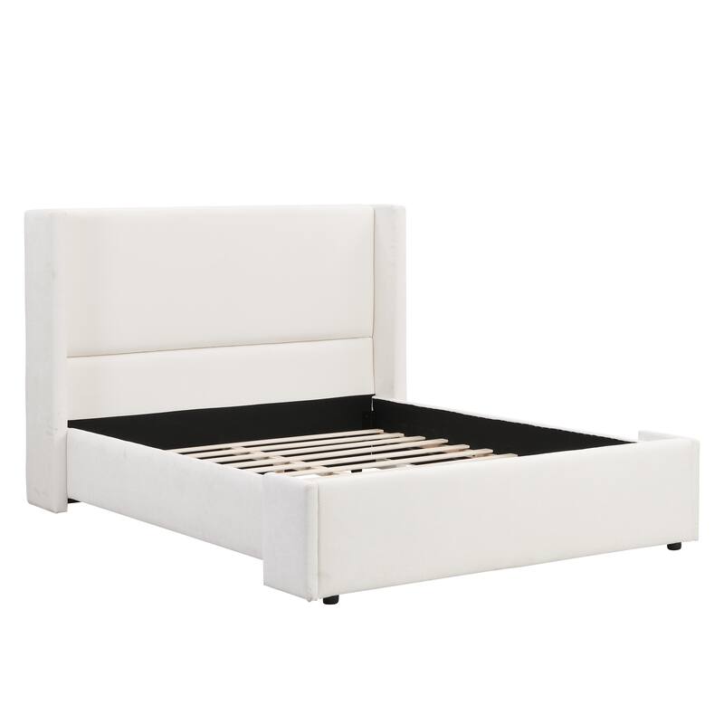 Roomfitters Wingback Upholstered Bed with Tall Headboard, White Fabric, Modern Design
