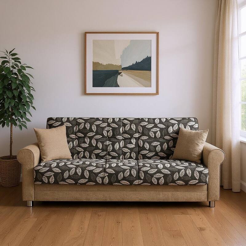 HomeRoots 89" Beige Chenille Convertible Futon Sleeper Sofa And Toss Pillows With Storage - Beige
