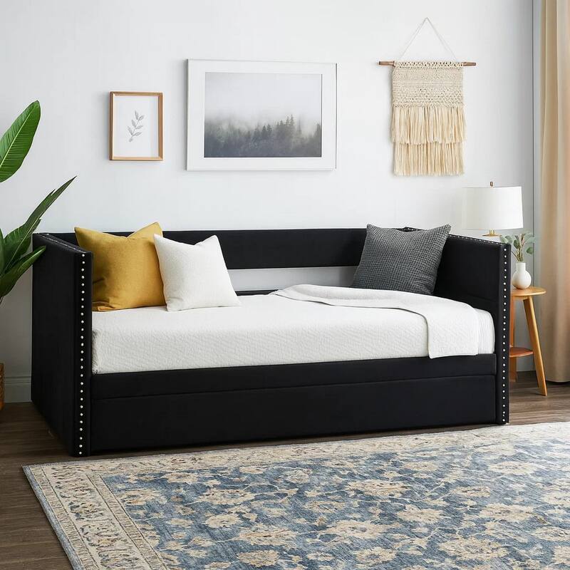 Trundle Daybed, Soft Black Velvet Upholstery, Classic Nailhead Trim Design