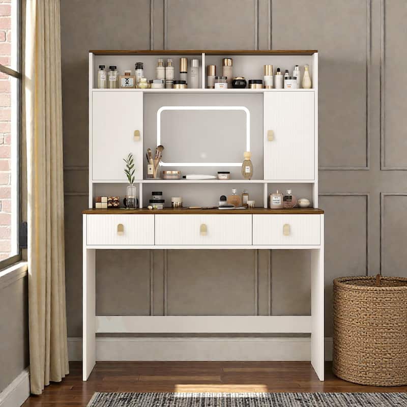 43 Inch Farmhouse Makeup Vanity Table with Lighted Mirror, 3 Drawers and Hair Dryer Holder for Bedroom - White