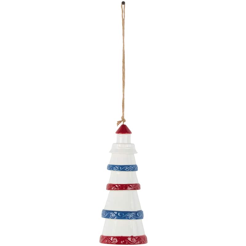 Ceramic Light House Windchime with Brown Rope and Blue and Red Accents - White - Roche River Decor - White