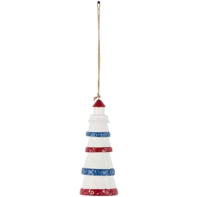 Ceramic Light House Windchime with Brown Rope and Blue and Red Accents - White - Roche River Decor