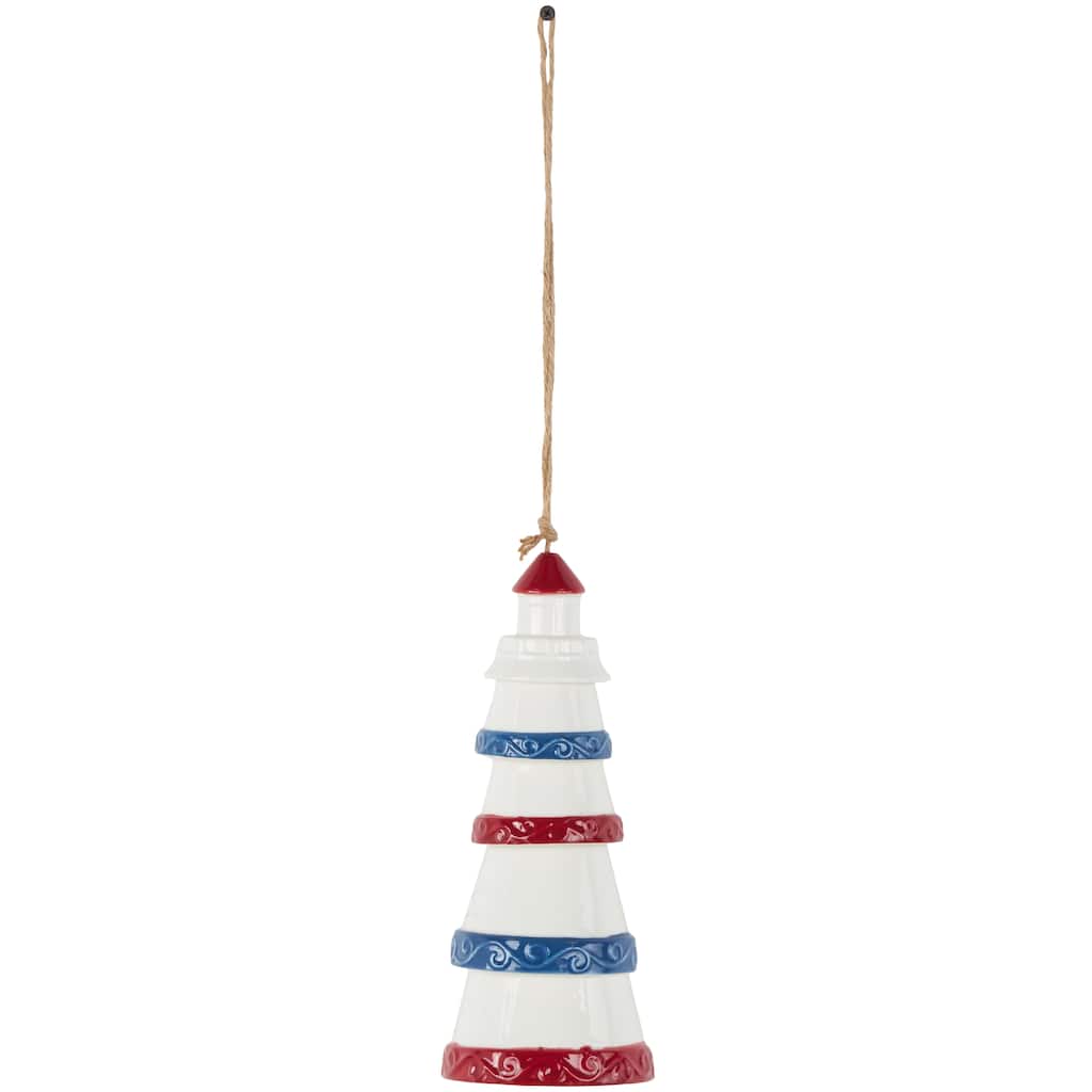 Ceramic Light House Windchime with Brown Rope and Blue and Red Accents - White - Roche River Decor