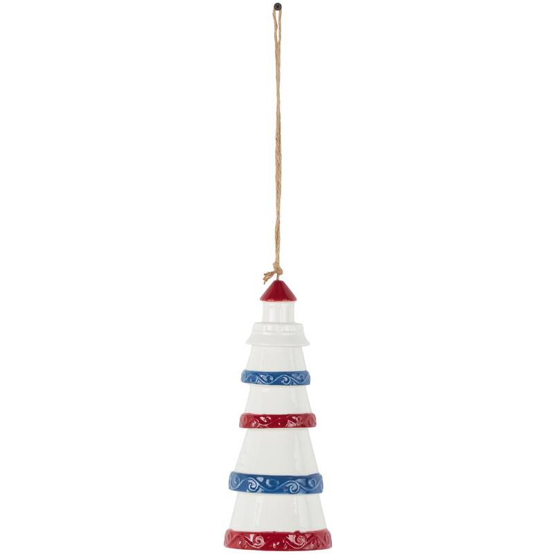 White Ceramic Light House Indoor Outdoor Windchime with Brown Rope and Blue and Red Accents