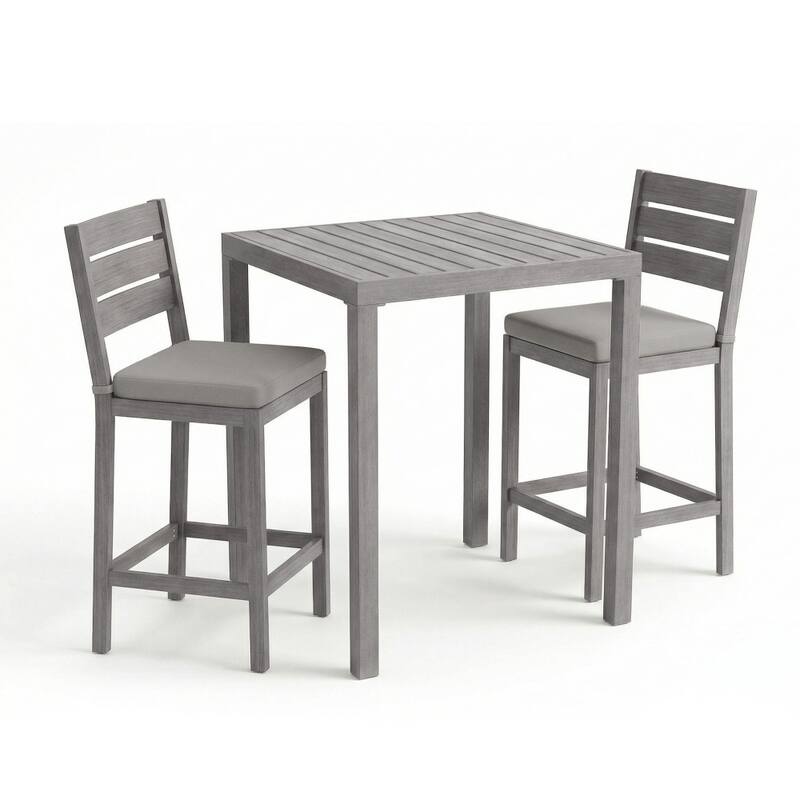 Martha Stewart All-Weather Bar Height Patio Set with 35.5" Square Slat Top Table and 2 Stools - 19.5"W x 22.5"D x 44.5"H - Gray