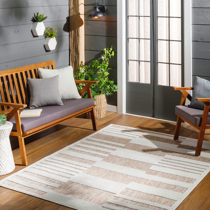 Livabliss San Diego Indoor/ Outdoor Striped Area Rug - 6'7" x 9' - Tan