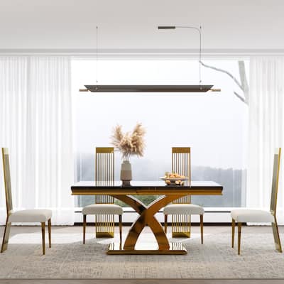 Dining Room Table Set with X Cross Base Table and Boucle Upholstered Dining Chairs