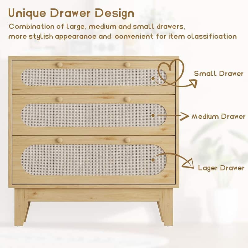 Modern Rattan 3 Drawer Dresser for Bedroom