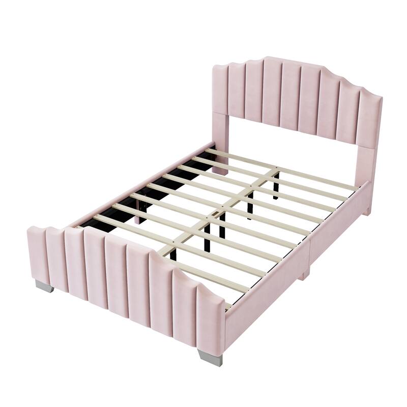 Full Size Velvet Upholstered Platform Bed Vertical Channel Tufted Headboard and Footboard, No Box Spring Needed