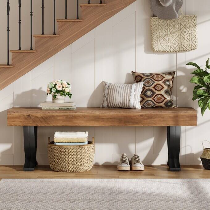 55-Inch Entryway Shoe Bench, Industrial Long End of Bed Bench