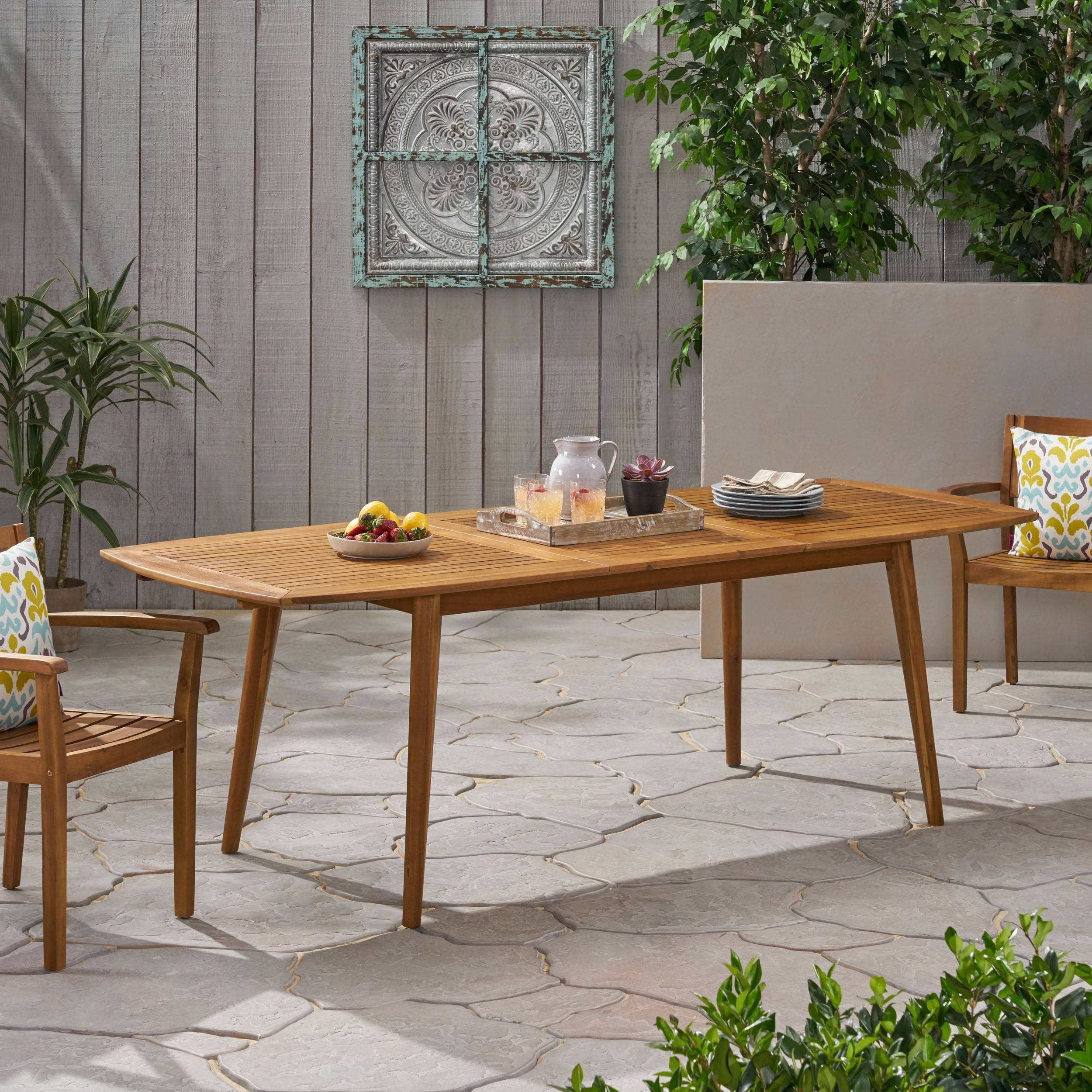Acacia Wood Expandable Dining Table Slat Top Outdoor Patio Teak Finish