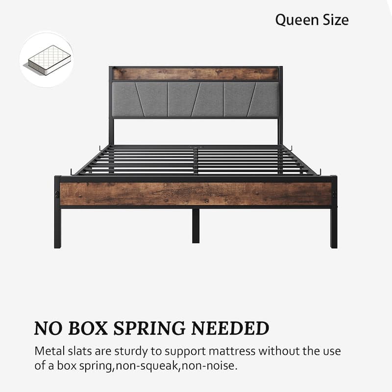 Bed Frames, Storage Headboard with Outlets, No Box Springs Needed