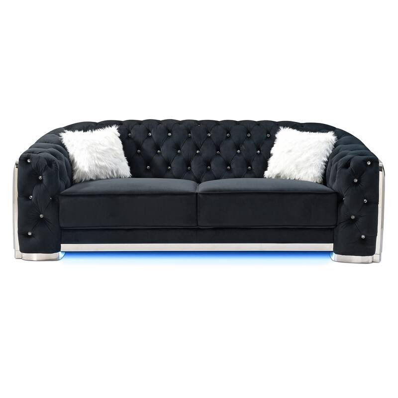 Button Tufted Flared Arm Velvet Straight Sofa with LED Lights - 94" - Black