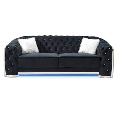 Button Tufted Flared Arm Velvet Straight Sofa with LED Lights - 94" - Black