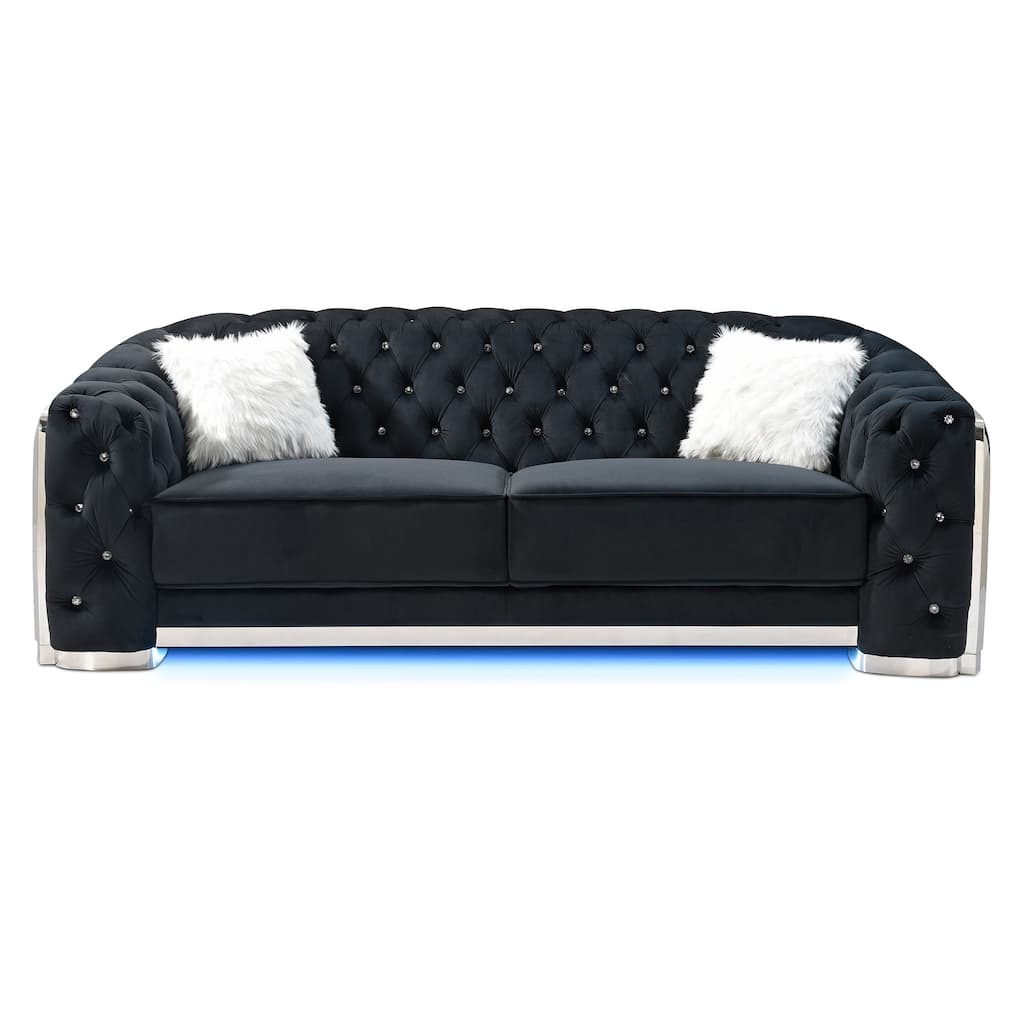 Button Tufted Flared Arm Velvet Straight Sofa with LED Lights - 94" - Black