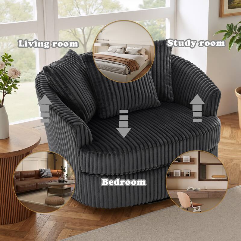 Oversized 43" W Plush Corduroy Swivel Barrel Chair with Pillows