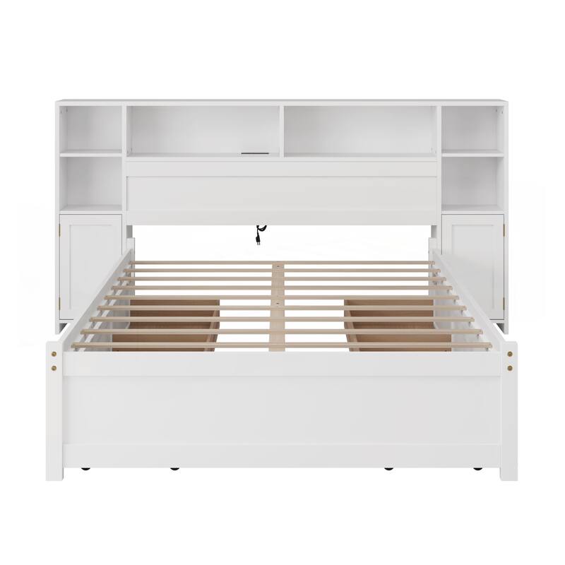 White Wooden Storage Bed with Tall Extended Bookcase Headboard