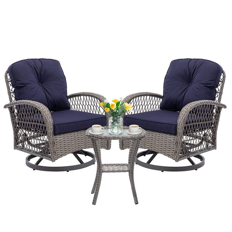 3 Pieces Outdoor Swivel Rocker Chairs, 360 Degree, Thickened Cushions & Glass Coffee Table - Navy