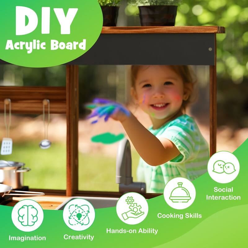Brown Fir Wood Outdoor Play Kitchen with Sink, Pots, Blackboard and DIY Board - 27" L × 14" W × 38" H