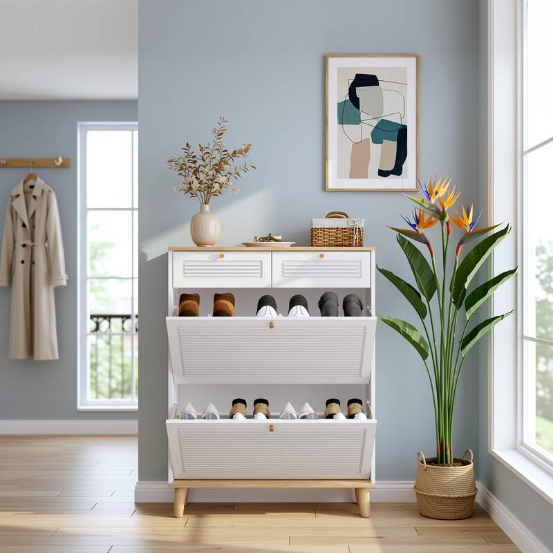 Homy Casa Compact Shoe Storage Bench 2 Flip Doors 2 Drawers, White