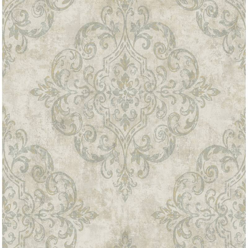 Seabrook Designs Atelier Damask Unpasted Wallpaper - 20.5 in. W x 33 ft. L - Metallic Champagne and Greige