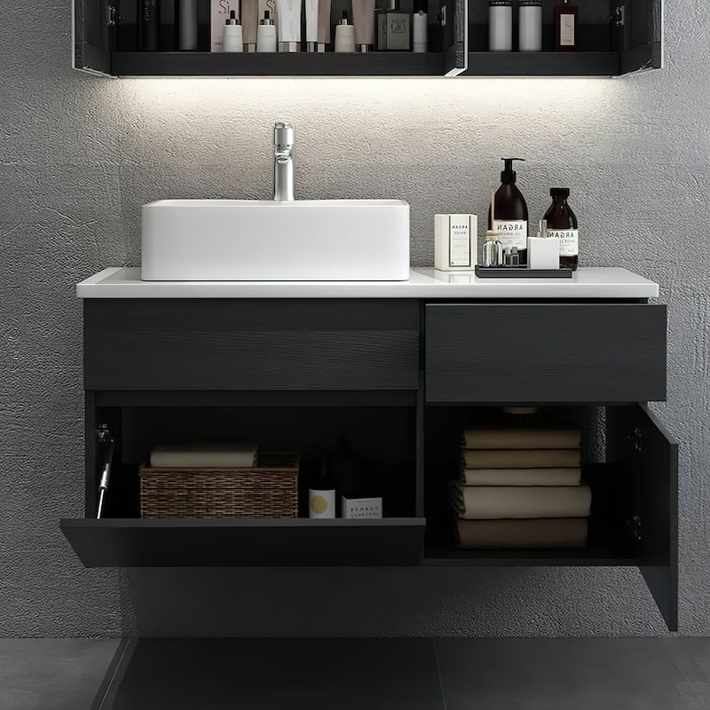 Chelce 32" Black and White Wall Mounted Bathroom Vanity with Faux Marble Countertop and Ceramic Sink