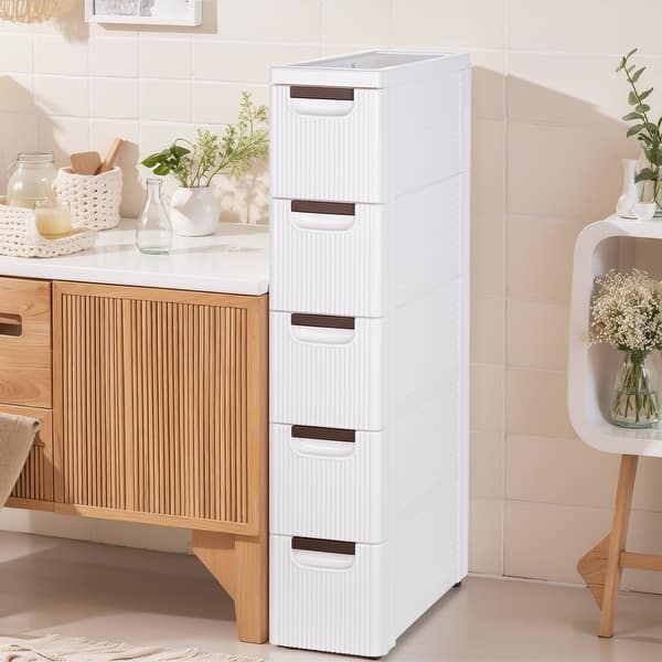 slide 2 of 18, Javlergo White Stripe Narrow Storage Cabinet 3/4/5-Layer Rolling Bathroom Organizer with Drawers Wheels for Bathroom Living Room White - 5-Layer
