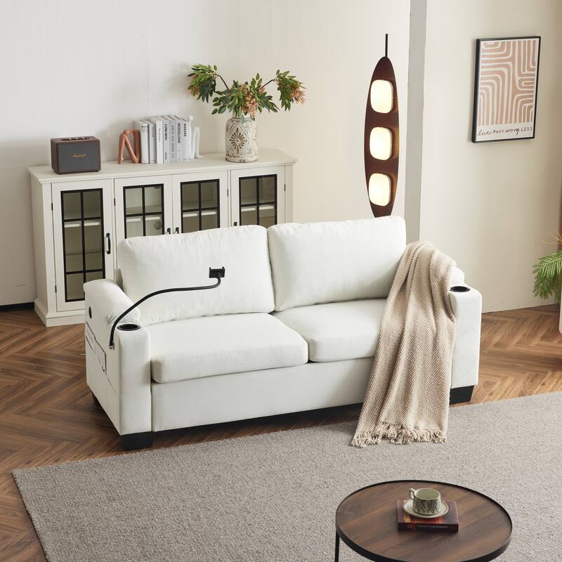 Pull-Out Queen Sofa Bed 73.63" with Memory Foam Mattress, Cup Holders, USB Ports, and Storage Pockets for Small Spaces - White