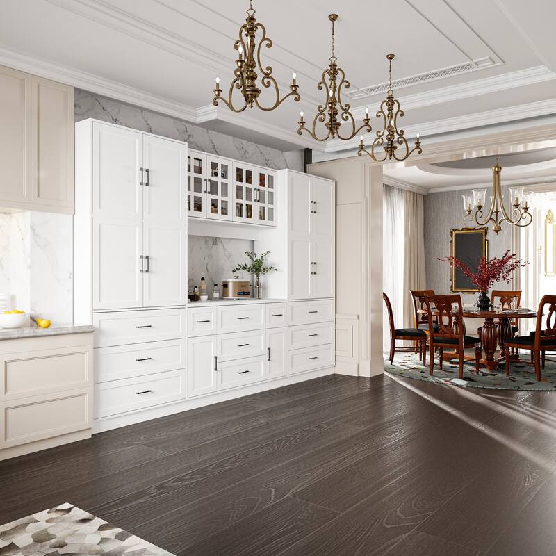 Multi-Functional White Kitchen Storage Cabinet with Drawers and Glass Doors, MDF & Metal Hardware
